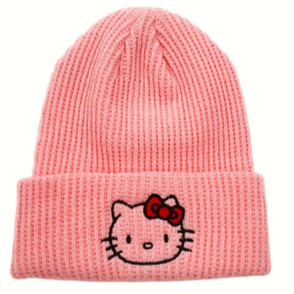 NEW Hello Kitty Pink Knit Beanie Hat Cap with Red Bow